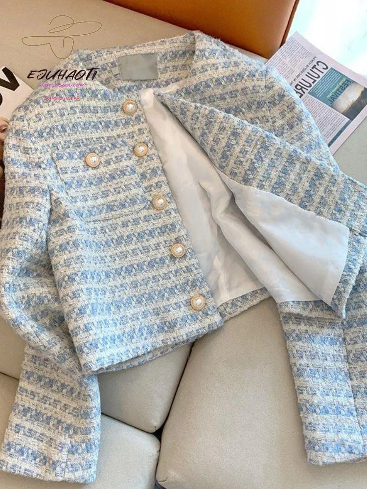 

Blue Small Fragrance Women's Jacket Autumn Winter French Temperament Pearl Buckle Tweed Short Top Korean Reviews Many Clothes