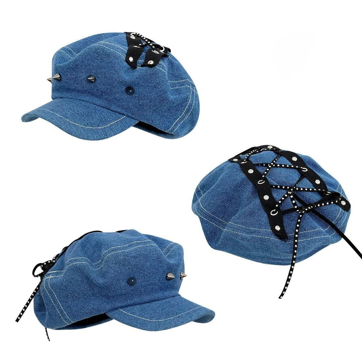 Punk Octagonal Hats Women Sweet Cool Babes Denim Flat Top Painter Hats for Women Retro Niche Rivet Design Octagonal Hats