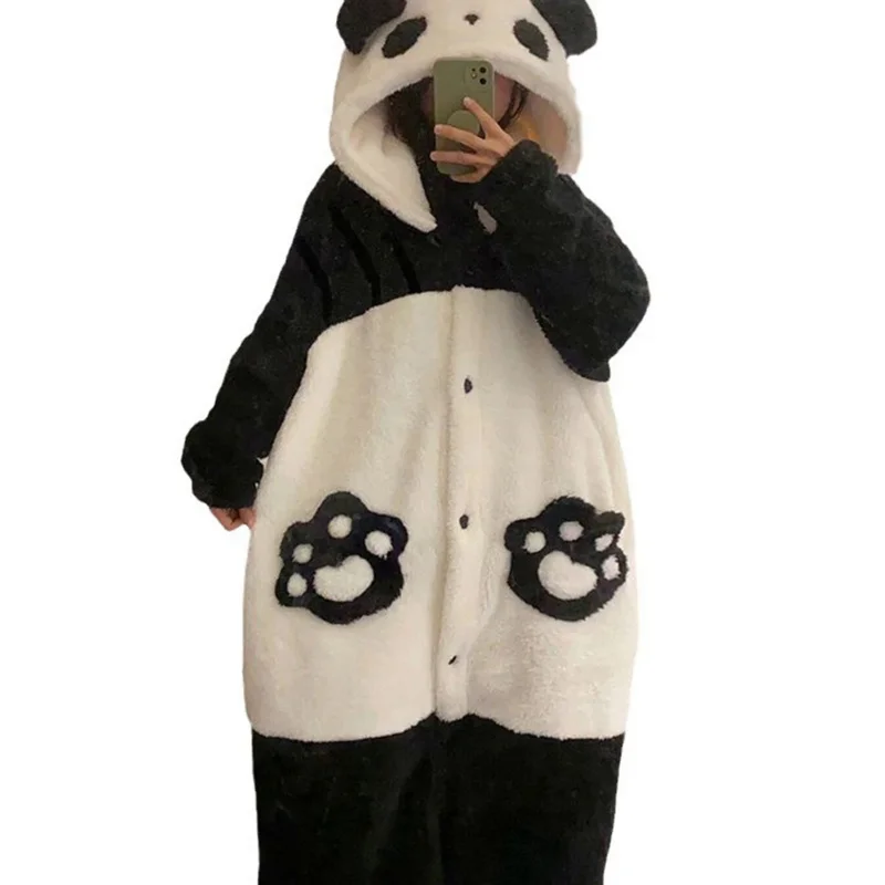 

Cartoon Panda Cosplay Nightdress Women's Bathrobe Winter Flannel Warm Long Sleeve Robes Thick Plus Size Nightgowns Nightwear