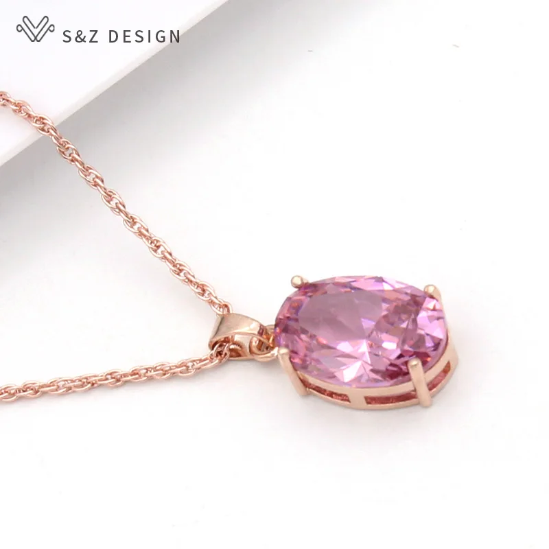 

S&Z DESIGN New Fashion Oval Egg Shape Cubic Zirconia Pendant Necklace For Women Wedding 585 Rose Gold Color Party Jewelry