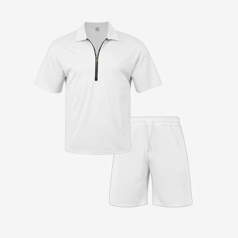 Herren Hip-Hop Baggy 2-Teilige Sets Sommer Einfarbig Reißverschluss Polo-Top Shorts Lässige Mode Streetwear Outfits – Detail 8
