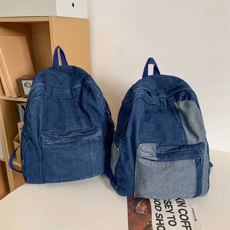 Women's Shoulder Bag 2024 New Art Contrast Color Splicing Fashion Denim Canvas Simple Casual Backpack