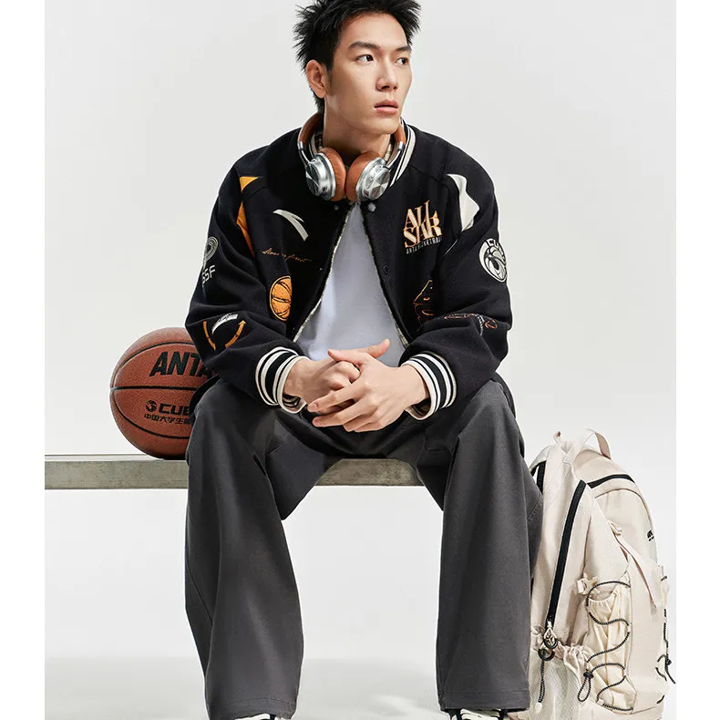 안타 남성용 야구 재킷 캐주얼 자수 컬러 블록 인조 울 코트 따뜻한 루즈핏 싱글 버튼 클로저 2026년 봄