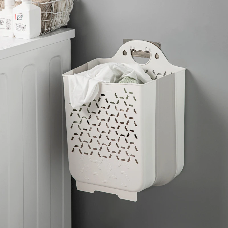 Folding Wall-Mounted Large Dirty Laundry Basket Home Bathroom Punching Free Clothes Storage Basket Plastic Hollow Out Hamper