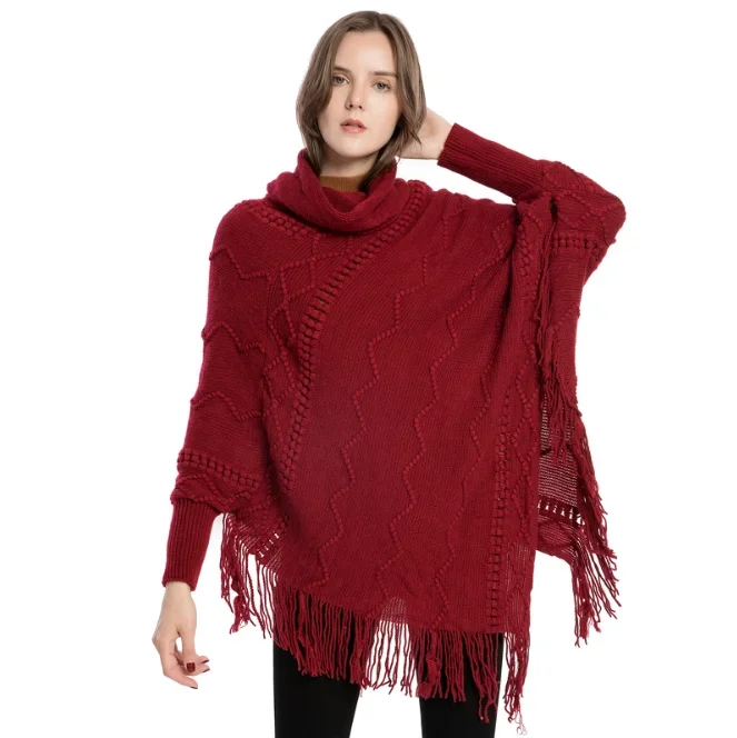 

Pull Femme Autumn Winter New Women's Acrylic Tassel Sweater High Neck Warm Sleeve Pullover Cloak Tassels Shawl Outside Red