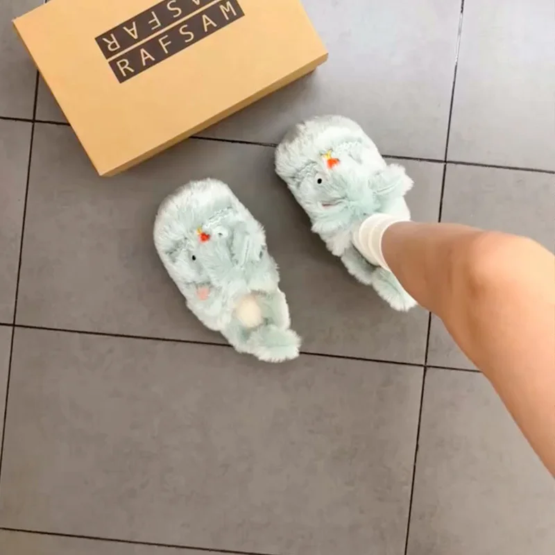 Cute Monster Thick Sole Plush Slippers For Women Thick Sole Heels Man Slipper Non Slip And Warm Plush Headed Cotton Slipper