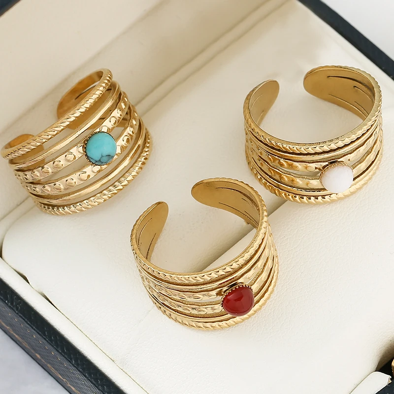 Bohemian Ring Stainless Steel Rings for Women Gold Plated Hollow Multi-layer Rings Turquoise Natural Stone Jewelry Trend 2022