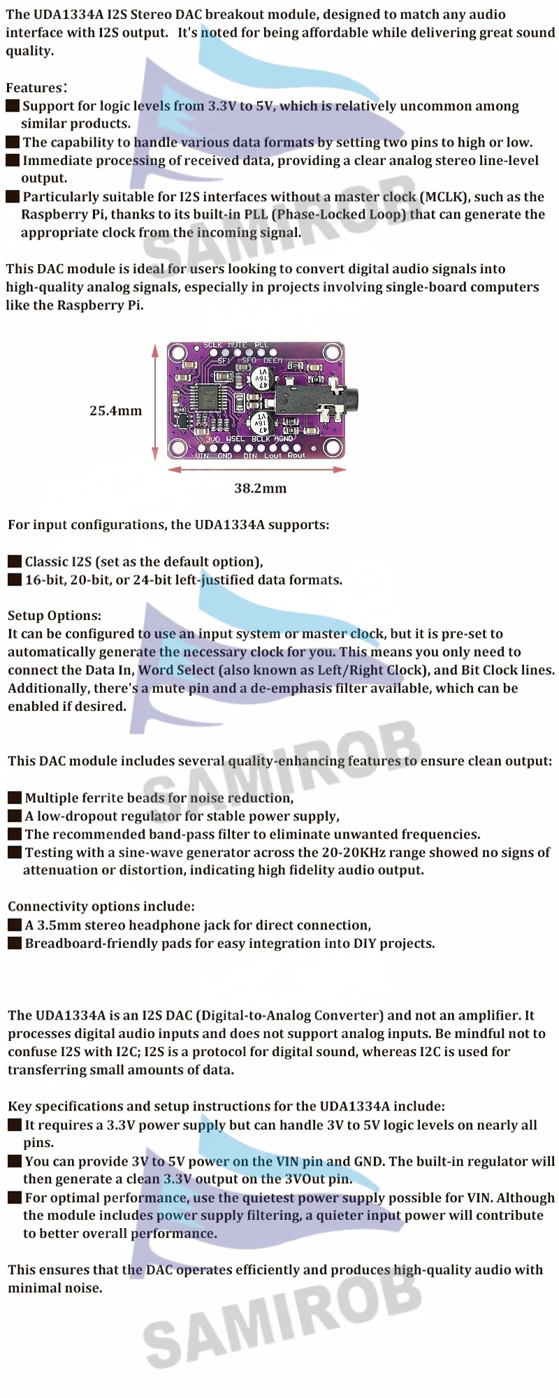 SAMIORE ROBOT UDA1334A DAC Modul UDA1334 I2S DAC Audio Stereo Decoder Modul Board – Detail 2