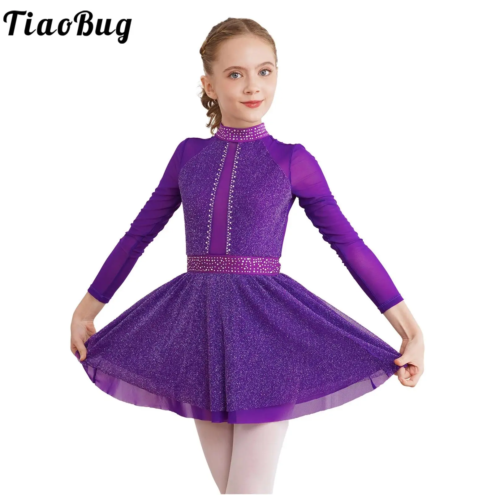 

Kids Girls Figure Skating Dance Dress Lyrical Ballet Gymnastic Leotard Tutu Dresses Long Sleeve Shiny Mesh Performance Dancewear