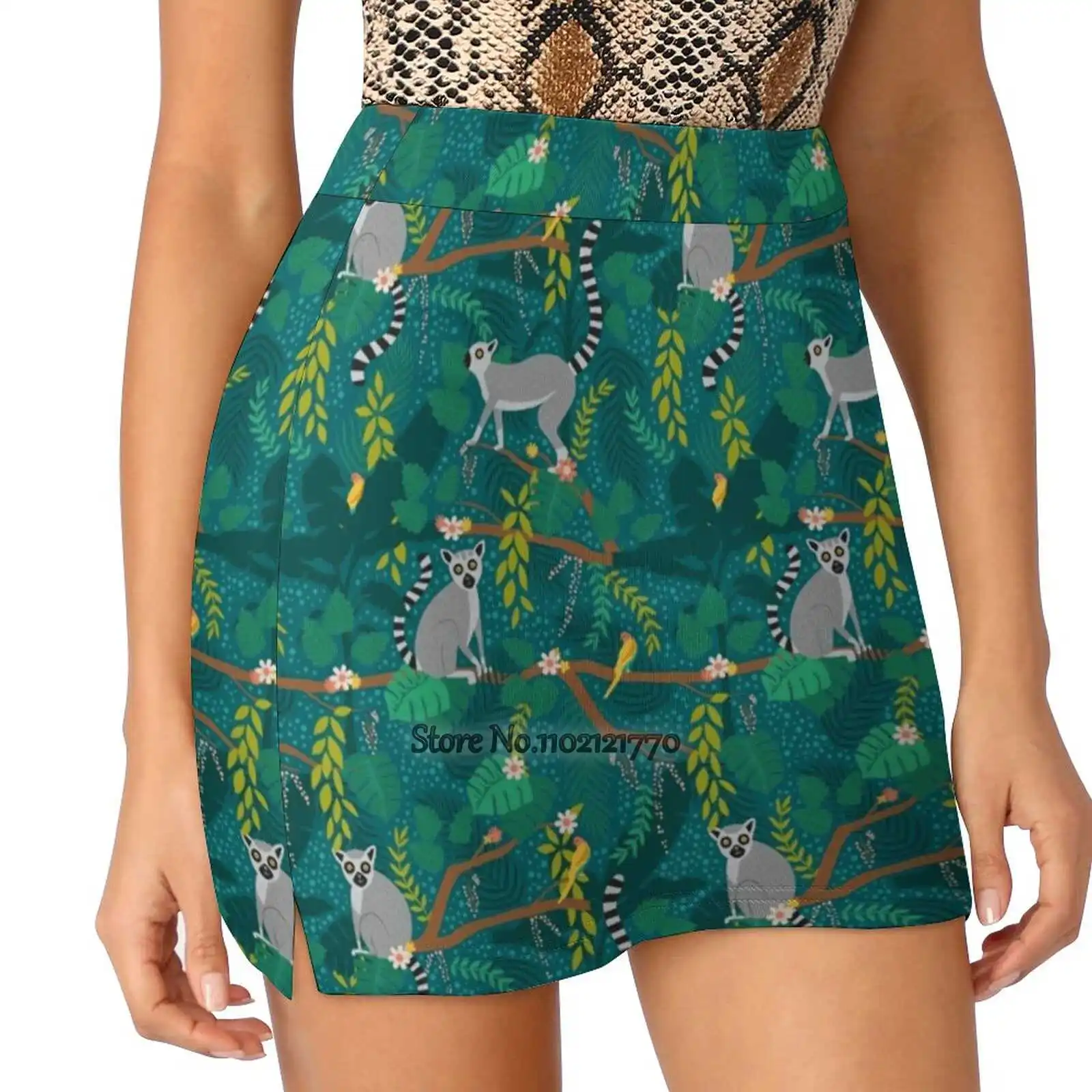 Lemurs In A Teal Jungle Women Sports Fodera Gonna Tennis Dance Fitness Gonne Corte Stampate Lemur Teal Green Blue Chartreuse