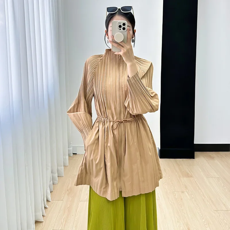 

Женская Осенняя плиссированная куртка на шнуровке Miyake, модное универсальное пальто средней длины для поездок
