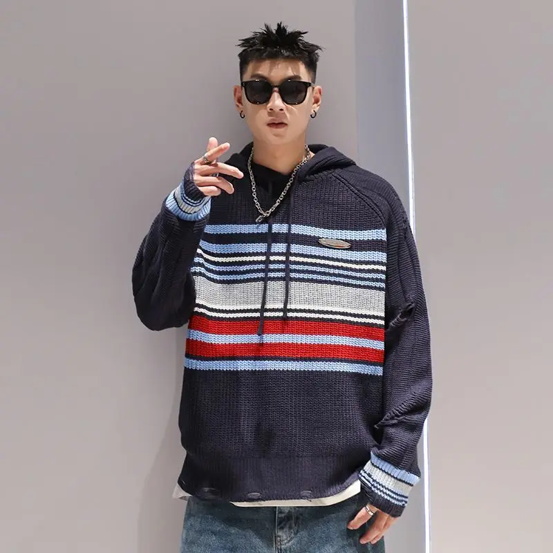 

Male Clothes Hoodies Striped Couple Outfit Sweatshirt for Men Hole Knit Sweater Hooded 90s Vintage One Piece Cheap Y2k Emo S Xxl