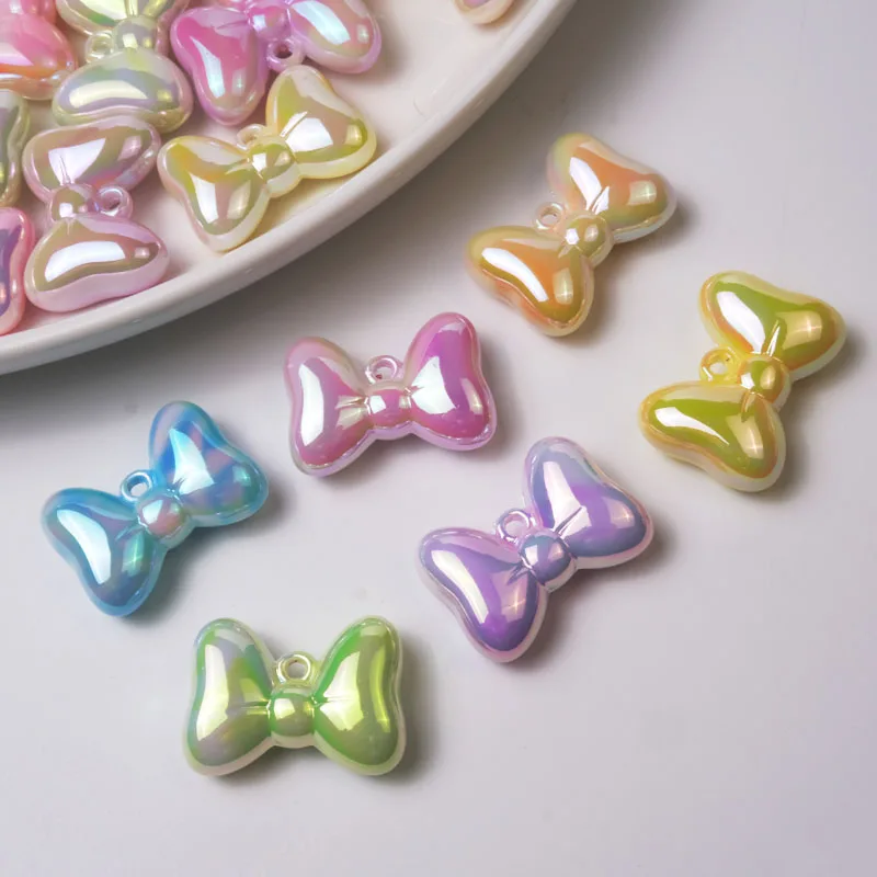 

New UV Coated AB Colors Spring Pastel Ribbon Knot Bow Acrylic Charms Ornament Accessories 60pcs 29*21*10mm Plastic Pendants