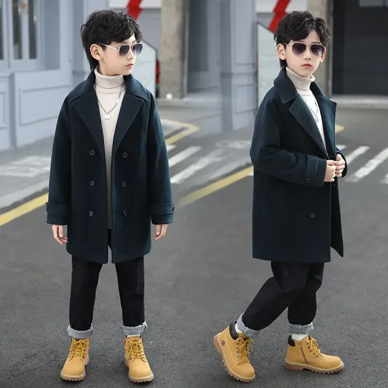 Boys Wool Coat Autumn Winter Children's Jacket Fashion Turn Collar Plaid Keep Warm Outerwear Teenage Clothes New 5-14Year