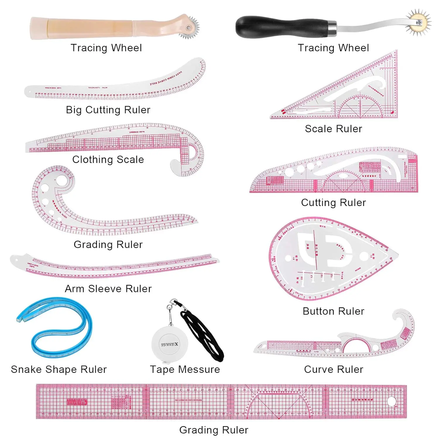 Sewing Ruler Tailor Set French Curve Ruler Accessories Fashion Pattern Design Ruler Sewing Pattern Making Tools with Stitching