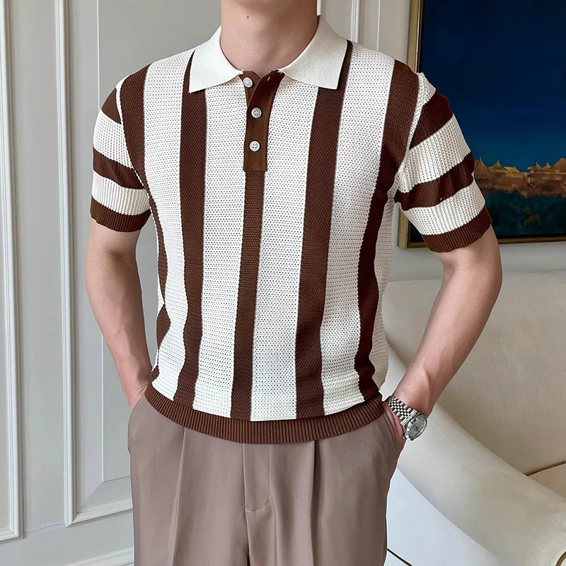 Contrast Color Striped Mens Polo Shirts Trendy Button Turn-down Collar Knit Tops Men Spring Summer Daily Casual Breathable Polos 18 Sdb48b0751f894e93be2b90b71eeaecc6M