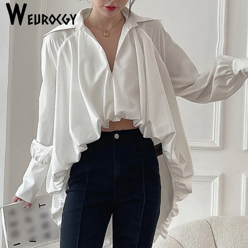 

2023 Autumn y2k New Style Casual Irregular HemTurn-Down Neck Lantern Long Sleeve Solid Asymmetrical Blouses Female Clothing