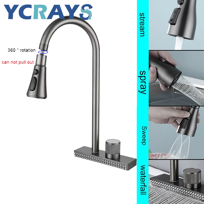 YCRAYS Waterfall Sink Faucet For Kitchen Hot Cold Mixer Wash Basin Multiple Water Outlets Rotation Flying Rain Tap Single Hole