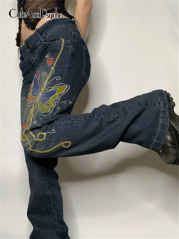 low rise jeans Retro Butterfly Print Y2K Denim Jeans Low Waisted Grunge Vintage Cargo Trousers Fairycore Harajuku Fashion Pants Cuteandpsycho armani jeans