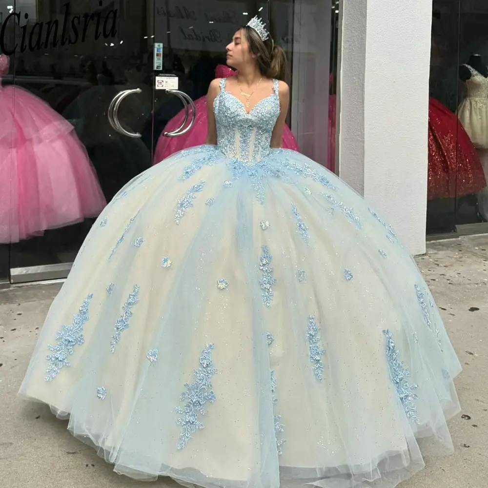 

Light Blue Appliques Lace Crystal Quinceanera Dresses Ball Gown Spaghetti Strap Princess for Sweet 15 Birthday