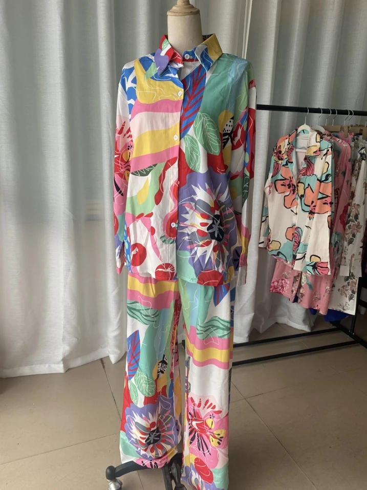 Women's Suits Set New Temperament Commuting Long Sleeved Elegant Printing Loose Shirt and High Waist Wide Leg Fashion Pants Set