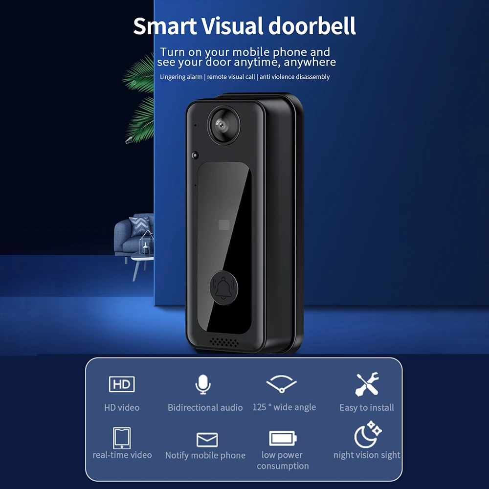 WIFI Doorbell Camera Wireless Door Bell Cam with 125° Wide Angle Visual Indoor Chime Smart Video Doorbell HD Video Night Vision