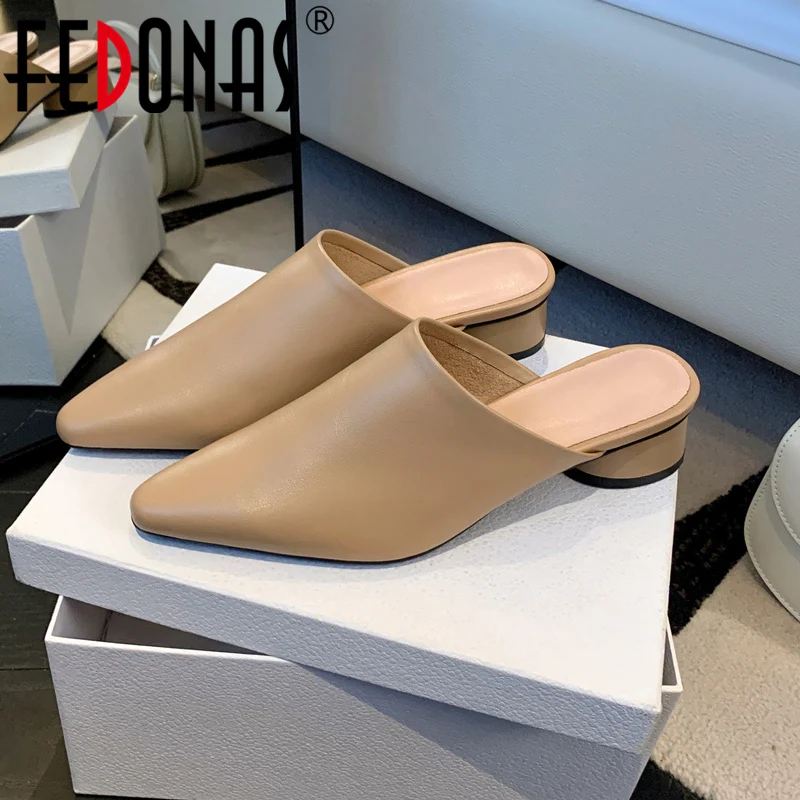 

FEDONAS Mature Thick Heels Women Pumps Pointed Toe Slippers Genuine Leather Comfortable Spring Summer Office Party Shoes Woman