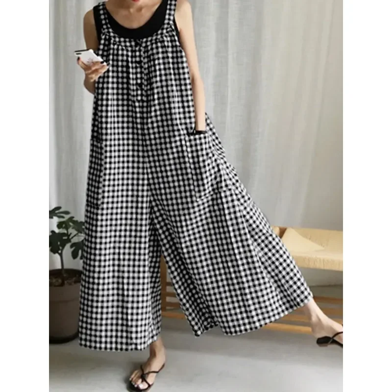 2024 Fashion Women Plaid Playsuits Summer Bohemian Jumpsuits Vintage Wide Leg Pants Casual Sleeveless Trousers Overalls