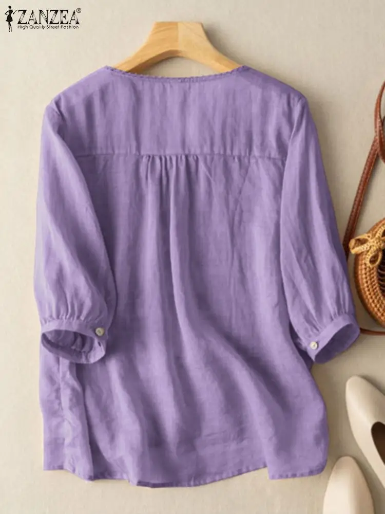빈티지 셔츠 ZANZEA 여름 레이스 크로 셰 뜨개질 블라우스 여성 3/4 O 넥 슬리브 탑 자수 Blusas Femme Causal Cotton Chie