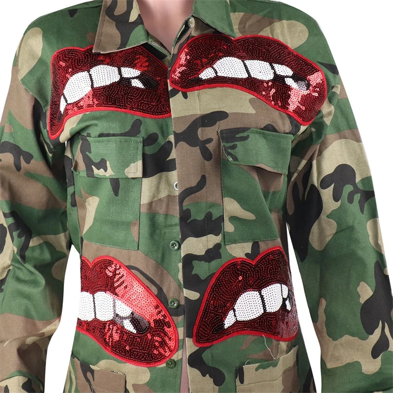 Military Jacket Camo Lip Jacket S-6XL Fashion Sequined Lip