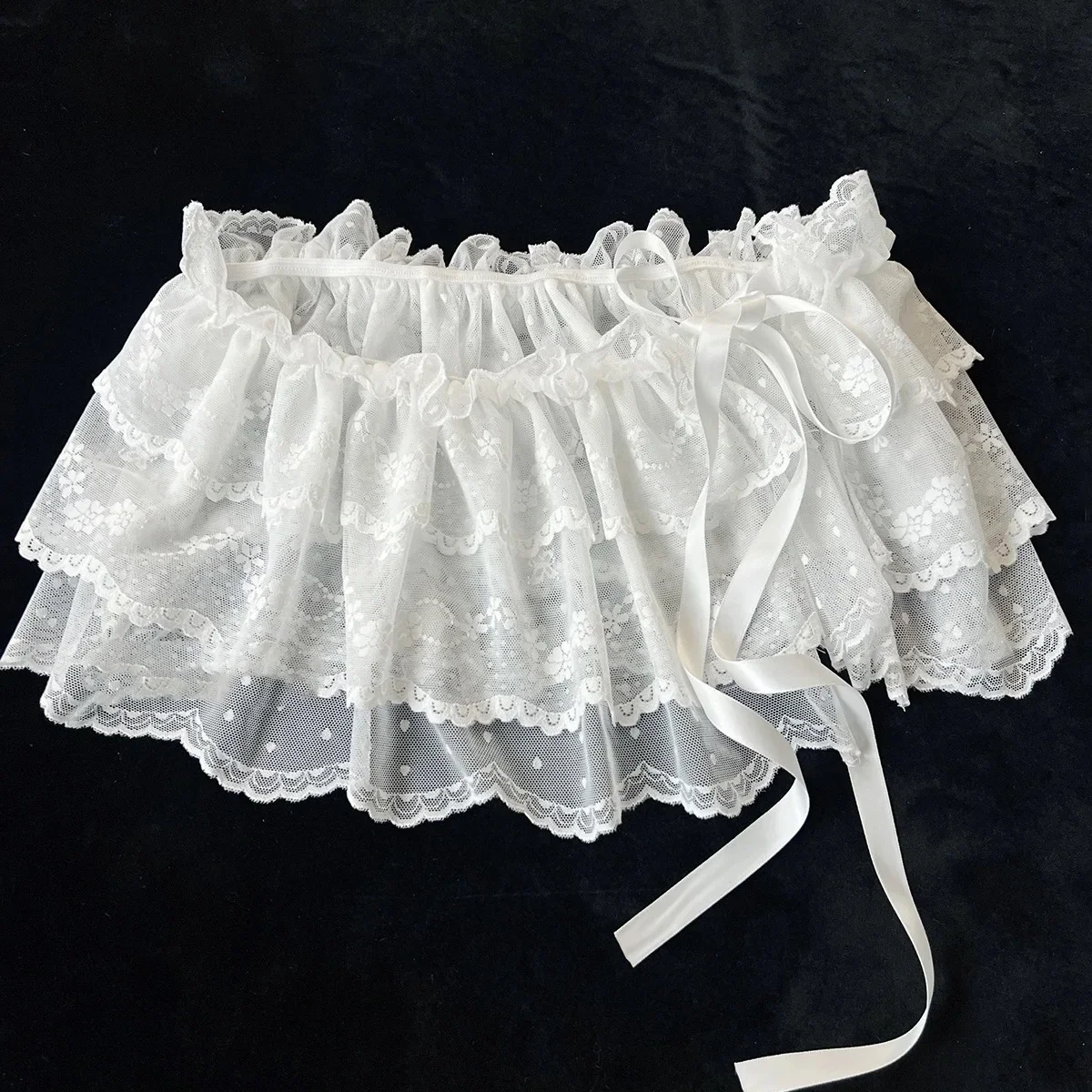 Summer Women's Korean One-Piece Belted Overlap Lace Skirt Apron A-Line Skirt INS Short Lace Layered Gauze Skirt With Tie Up