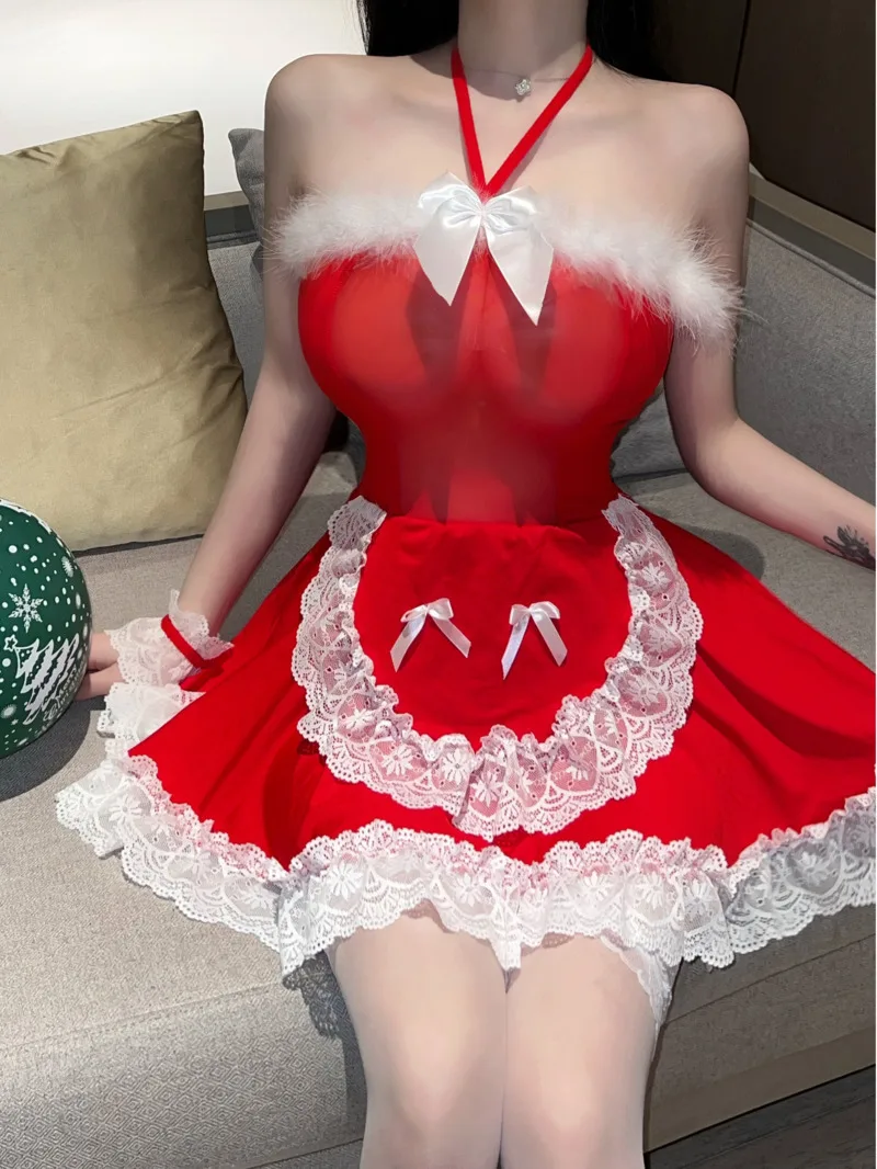 

Sweet Red Mini Dress Halter Neck Lace Tops Lingerie Christmas Uniform Sexy Servant Dress Elegant 2023 New Fashion Korean Z5V8