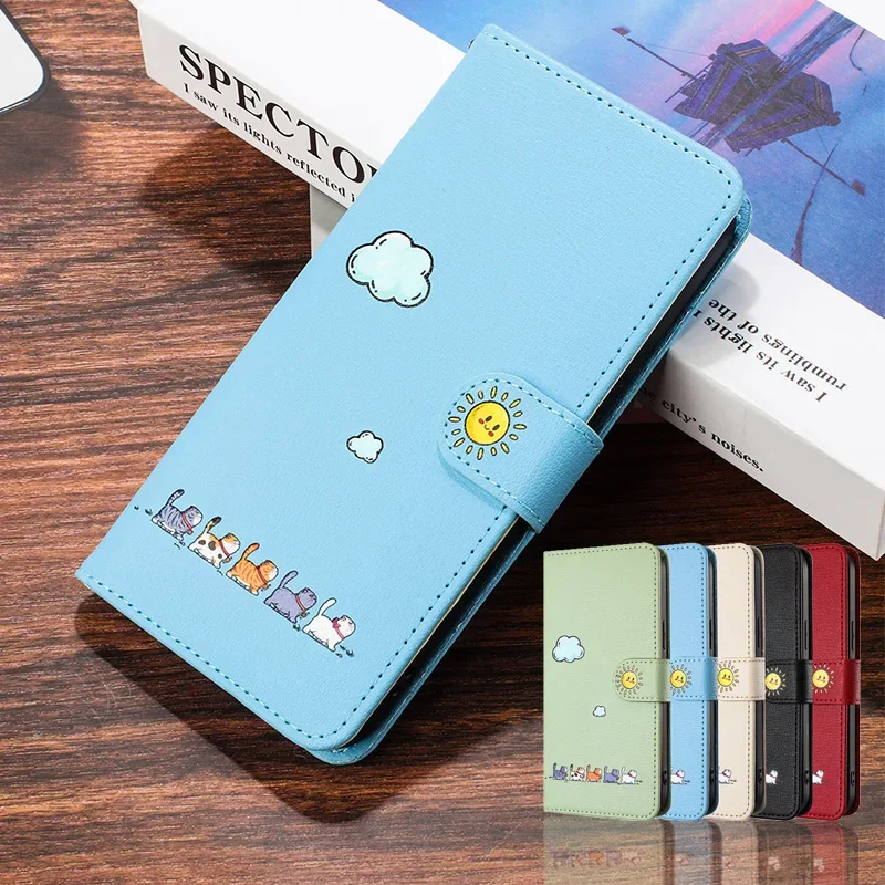 Cute Cat White Cloud Pattern Flip Phone Case Per Samsung Galaxy S24 S23 Ultra S22 A52 A53 A54 Cover Posteriore Del Supporto Della Carta