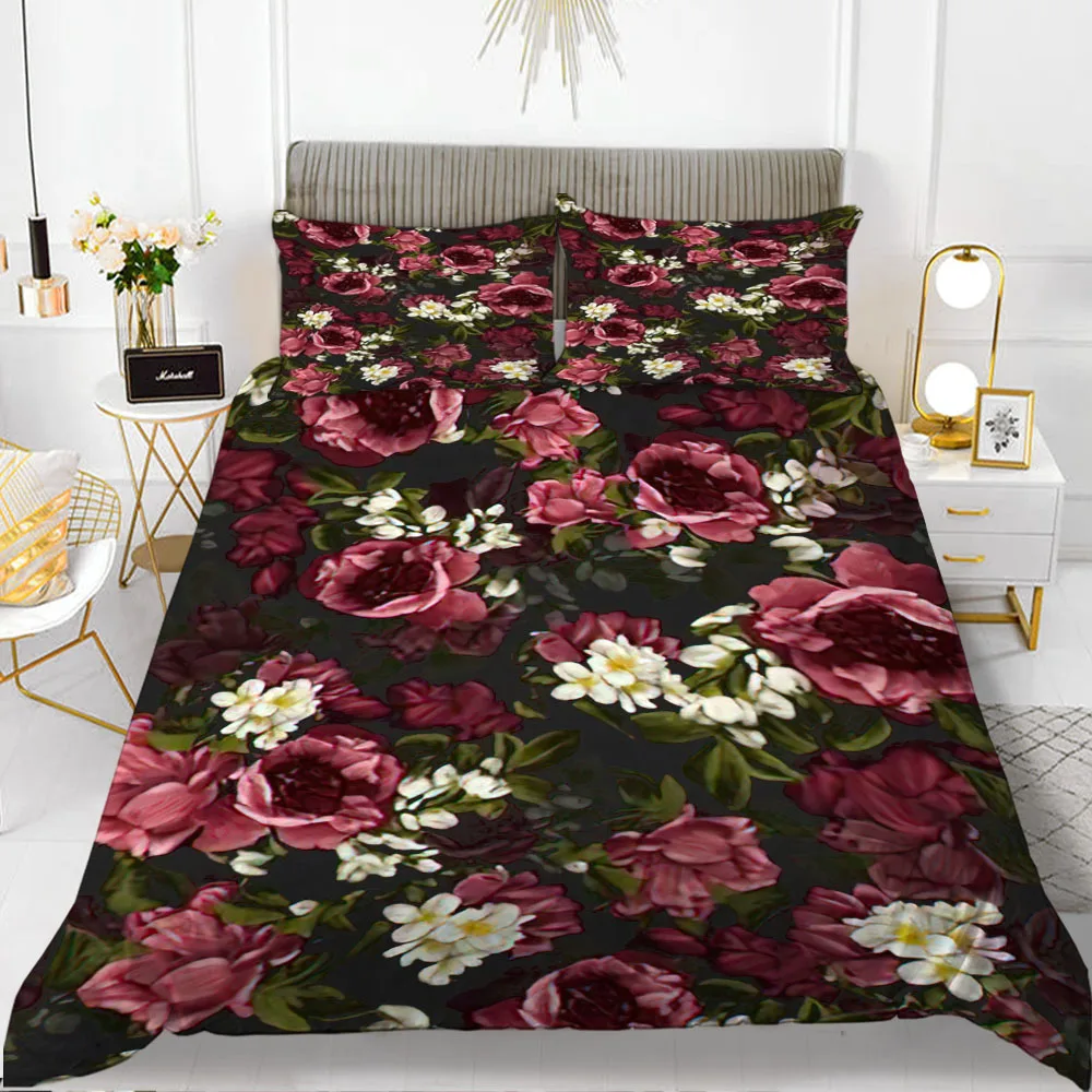 3D Printing Bedding Set Romantic Flower Duvet Cover, 3 Piece Bedding Breathable Soft Microfiber Fabric Bed Set Twin/King Size