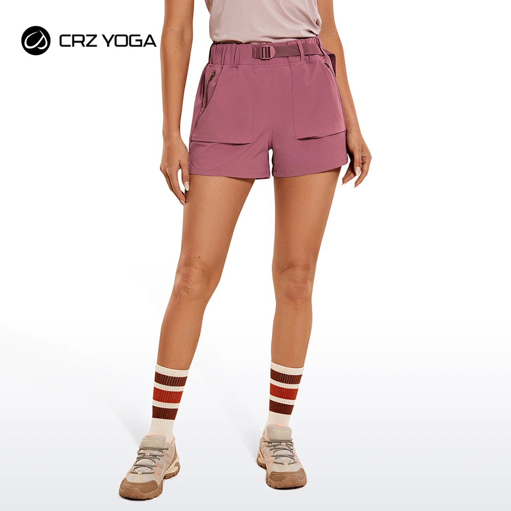 CRZ YOGA pantalones cortos de senderismo elásticos para mujer: pantalones de de Golf al aire libre de tiro medio de verano con bolsillos con cremallera con cinturón | -