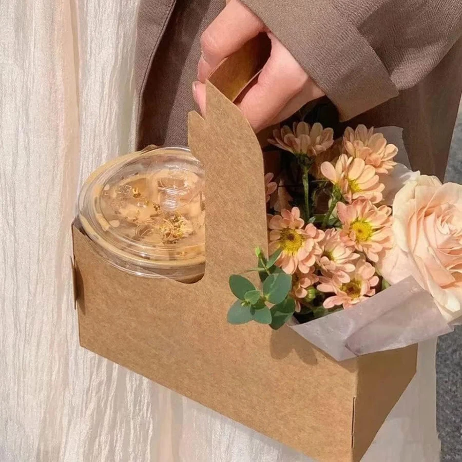 10/20Pcs Kraft Paper Take Out Bags for Flower Coffee Drinks with 2 Cup Holders, Two-in-... - SKU PTB01236 - UGI Packaging
