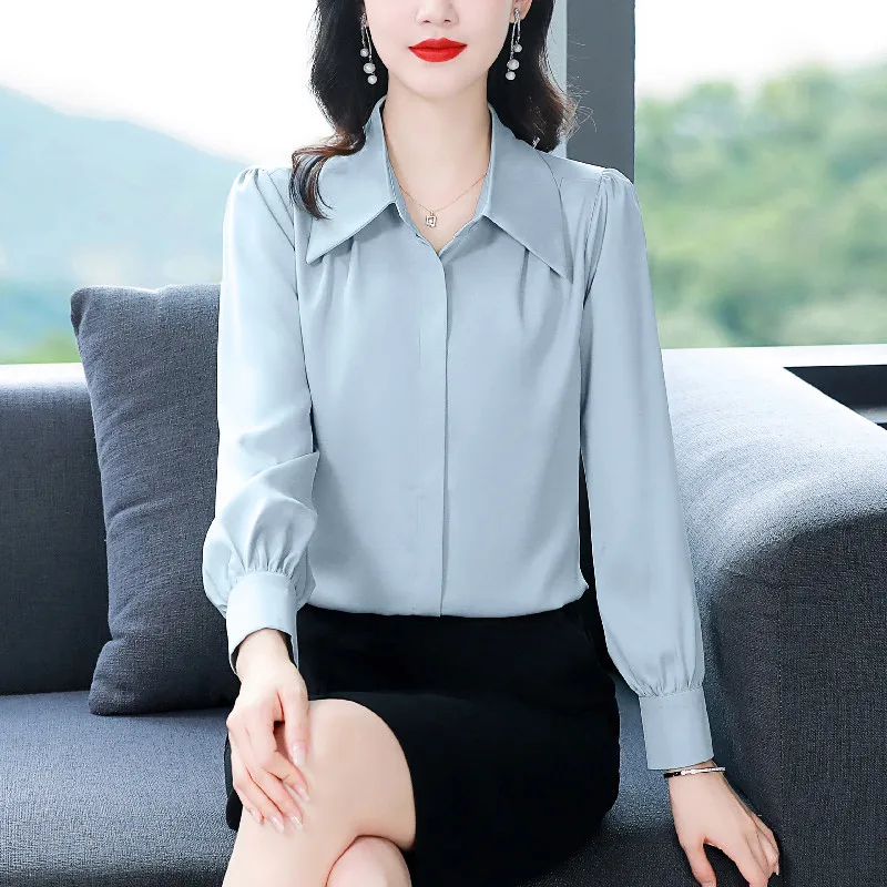 Fashion White Shirt Women Slim Elegant Women's Clothing Long Sleeve BlouseTurn-down Collar Shirts and Blouses Satin Womens Tops