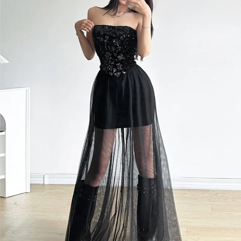 

Temperament Entry Sequined Tube Top Dress Women's Design Mesh Stitching Hip Midi