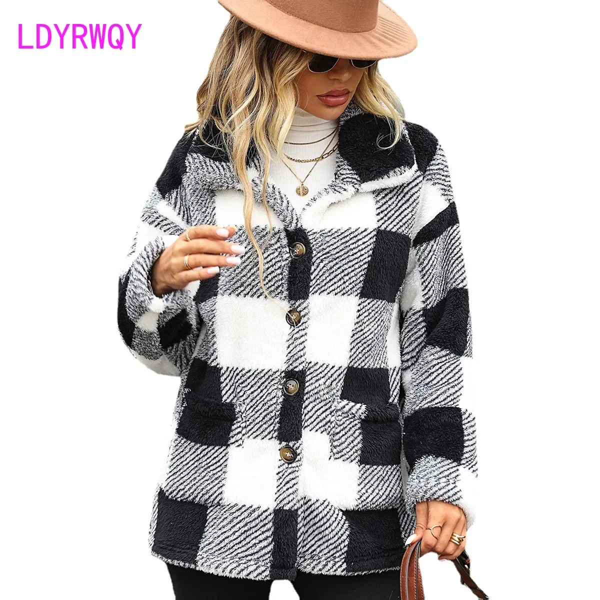 Autumn and winter women's lapel long sleeved medium length plaid single breasted double-sided velvet casual coat