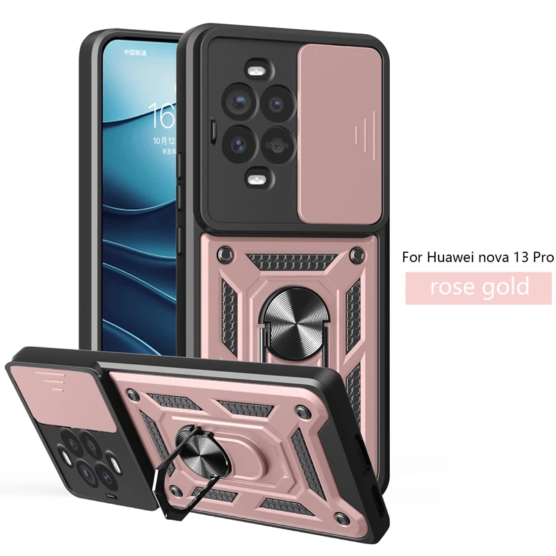 Protective Armor Ring Stand Shockproof Phone Case with Slide Lens Cover