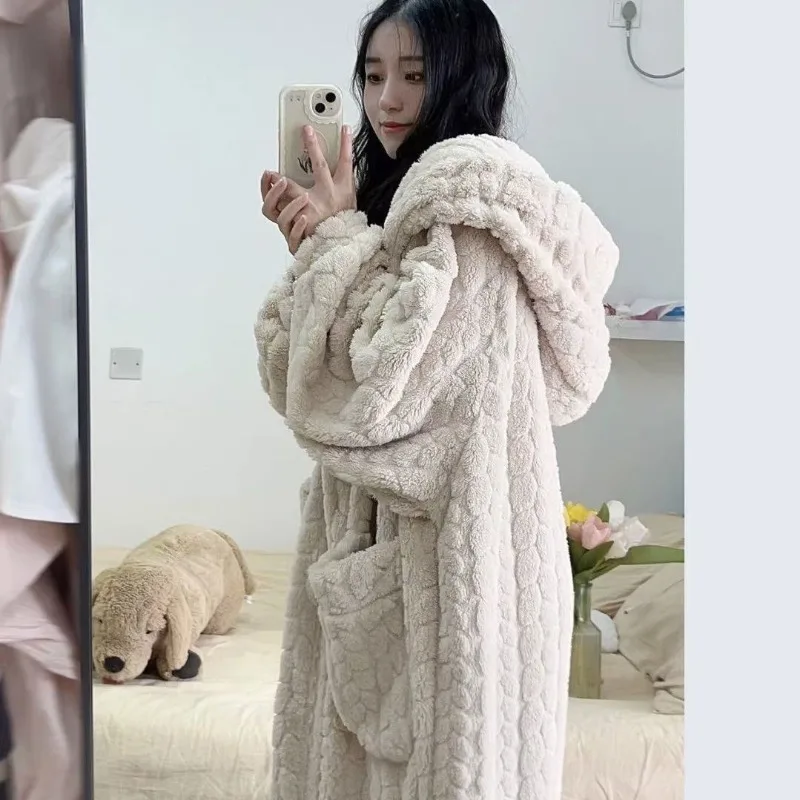 Pocket Robe for Women Sleepwear Winter Nightdress Night Wears Warm Fleece Pajama One Piece Nightgown Hooded Sleeping Homewear women sleepwear,sleepwear pajamas