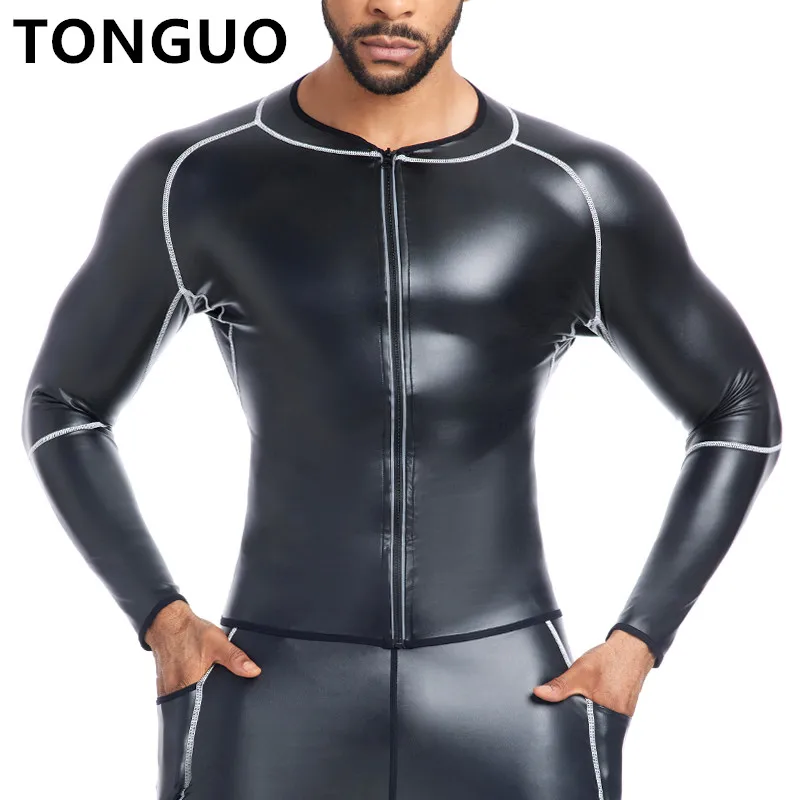 Mens Stand collar T-Shirt Faux Leather Long Sleeve Tops Slimming Shirt Body Shapers Waist Trainer White Splicing Leather Jackets