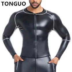 Mens Stand collar T-Shirt Faux Leather Long Sleeve Tops Slimming Shirt Body Shapers Waist Trainer White Splicing Leather Jackets