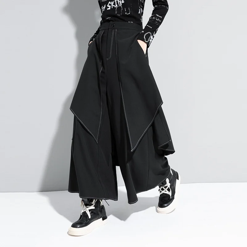 

Patchwork Striped Casual Pants Women Tide Fashion New Style Personality Loose Button Pocket Flat Wide Leg Pants