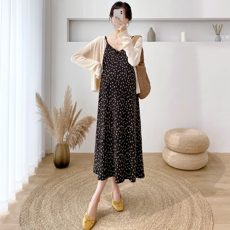 

Autumn Pregnant Women Clothes Set Long Sleeve Knitted Cardigans Floral Pleated Strap Dress Twinset Maternity Dress Suits Loose