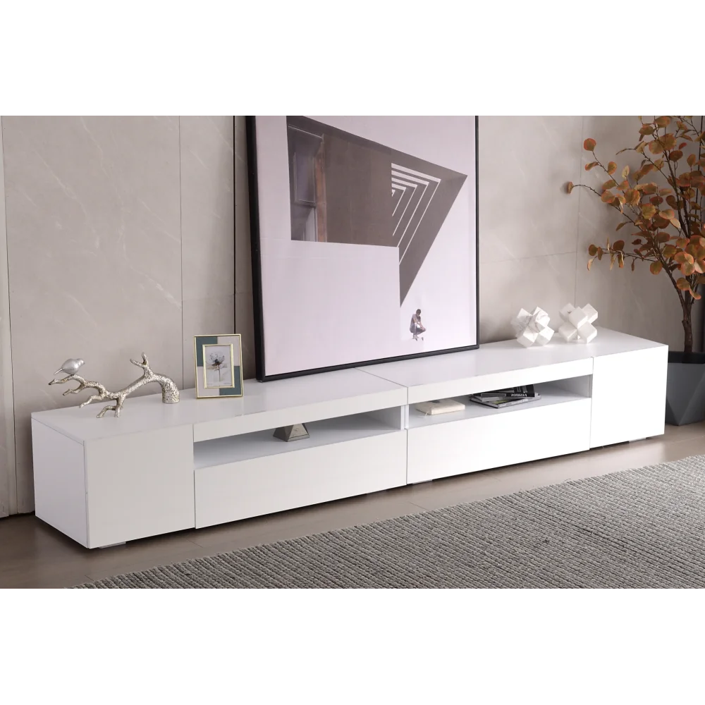 PINGGO 240CM Weißer Moderner TV-Schrank mit Hellem Panel und Variabler LED-Beleuchtung für Wohn- und Esszimmer Hochglanz-Finish – Detail 10