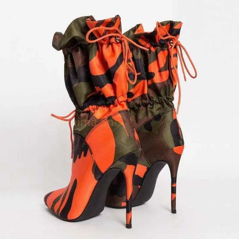 Women Stiletto Shoes Camouflage Elastic Band Mid Calf Boots Roman Style Thin High Heel Pointed Toe Boots Spring Autumn Ladies