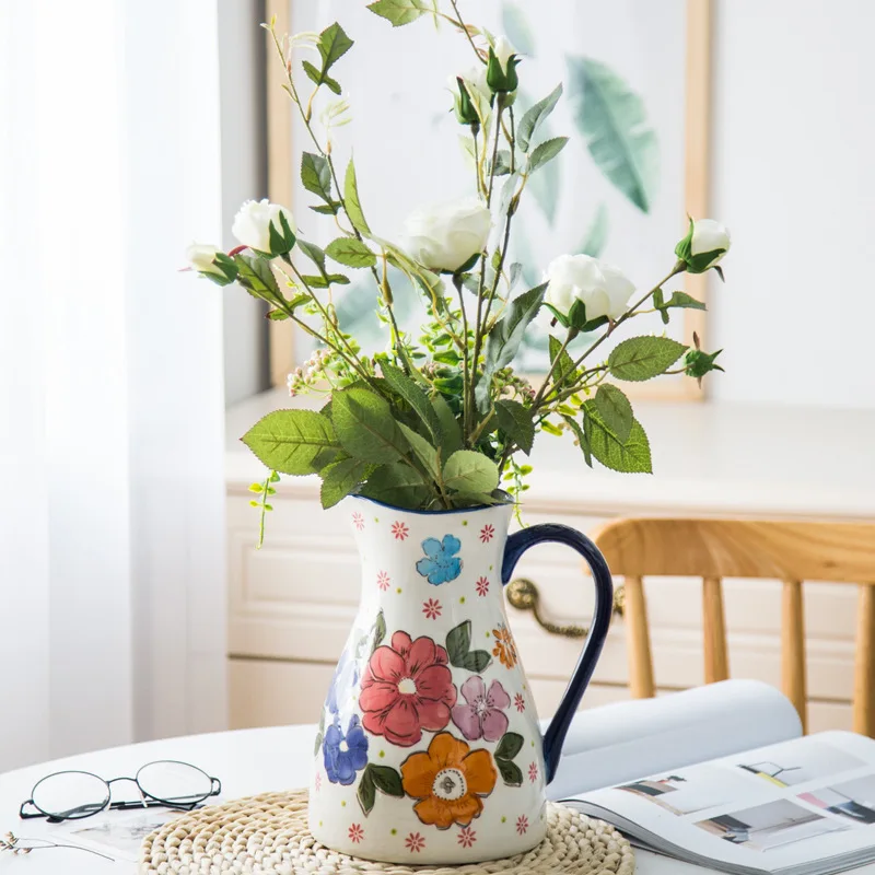 

Креативная керамическая посуда в европейском стиле для гостиной, обеденного стола, цветочной композиции, с ручкой, украшение для сада, ваза