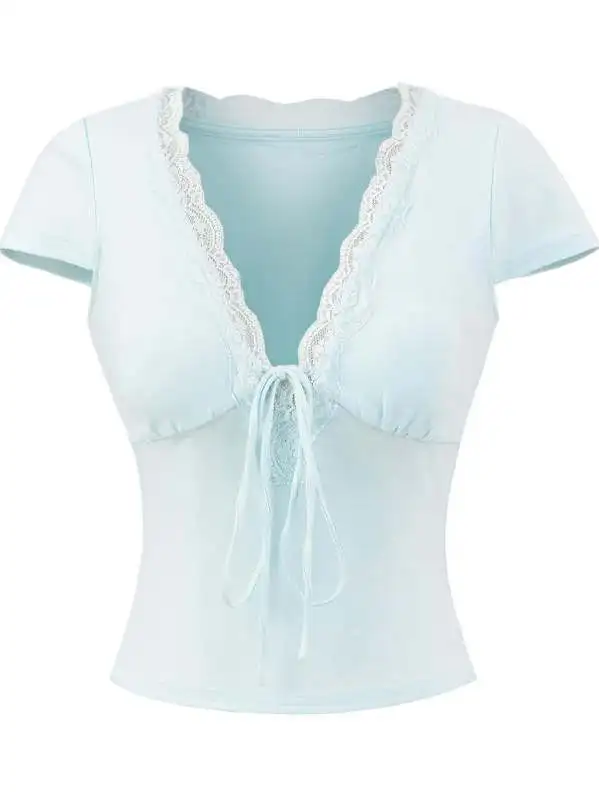 Sexy V-Ne ort Sve T-irt Lace Patchwork Slim Fit oulder Pad Street Sle Summer Top for Young Women