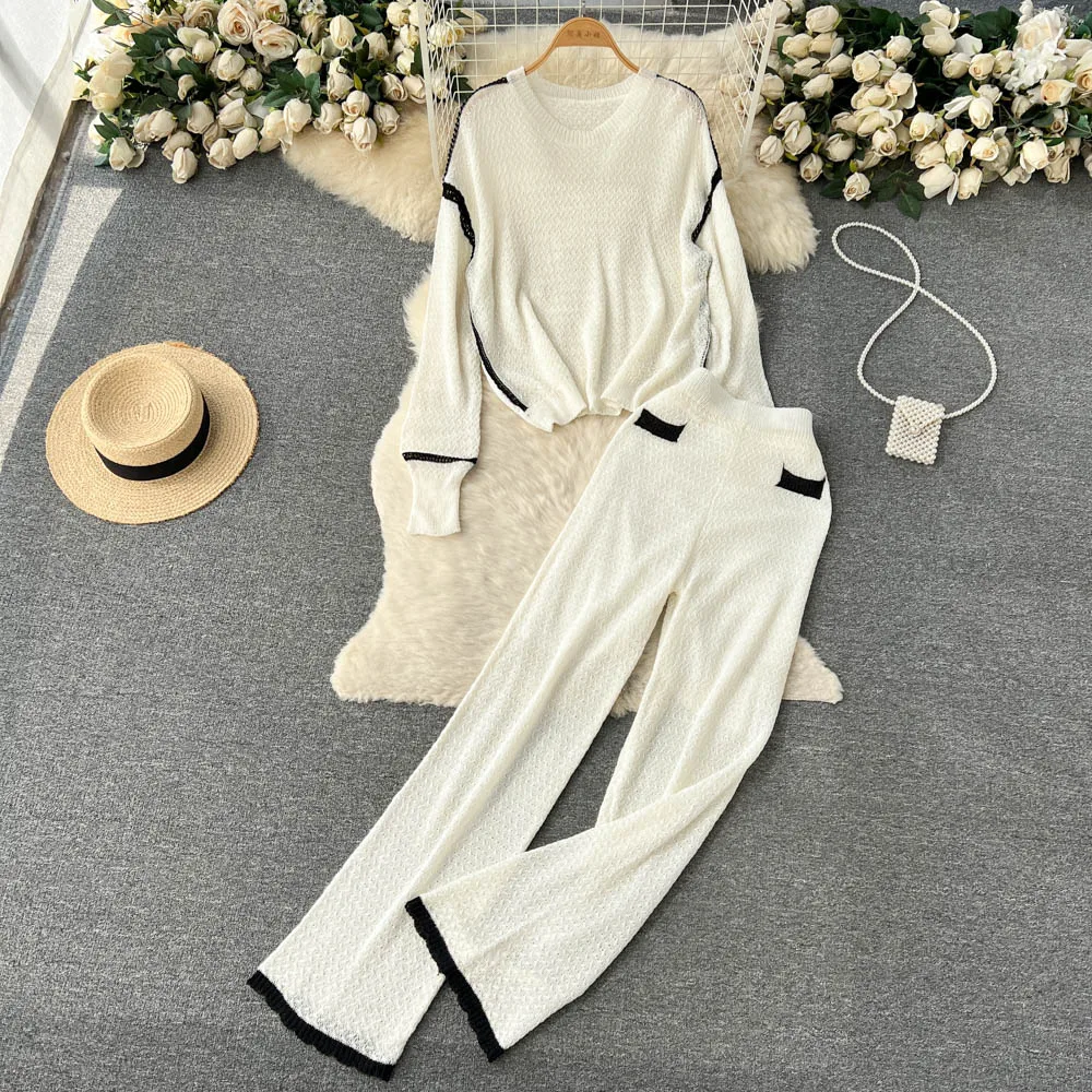 

Spring and Summer New Small Incense Wind Collision Color Long-sleeved Loose Top + High Waist Wide Leg Pants Two-piece Set